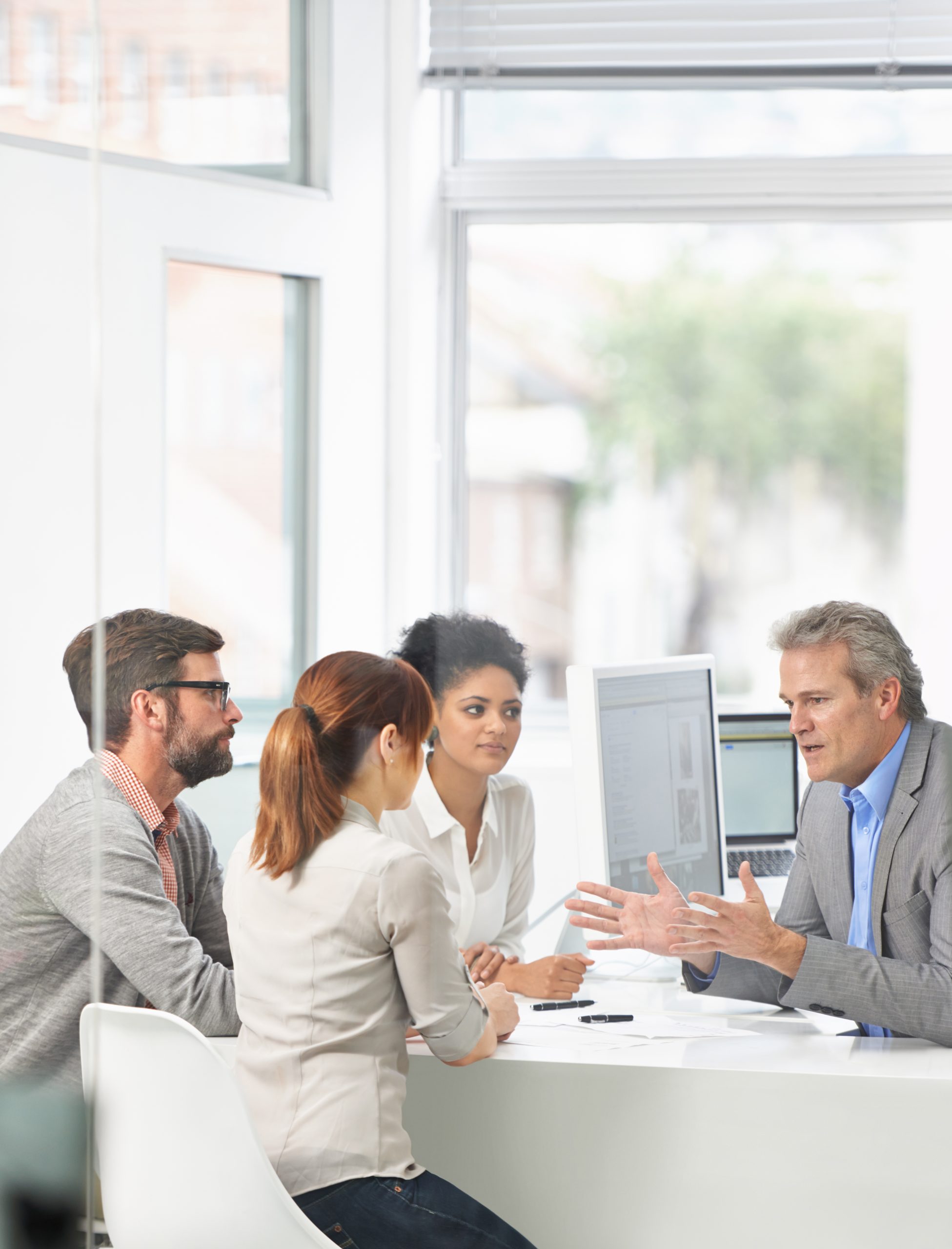 Business travelers analyzing data